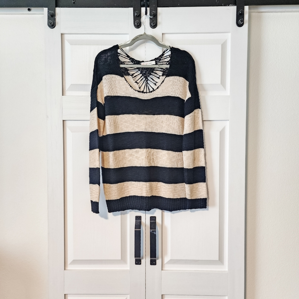Love Tree Black and Cream Striped Sweater Crochet